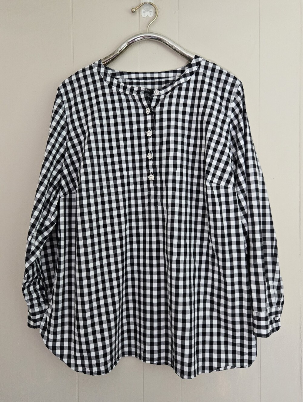 Talbots Gingham Popover Top Blouse Rhinestone Buttons Black White 3X